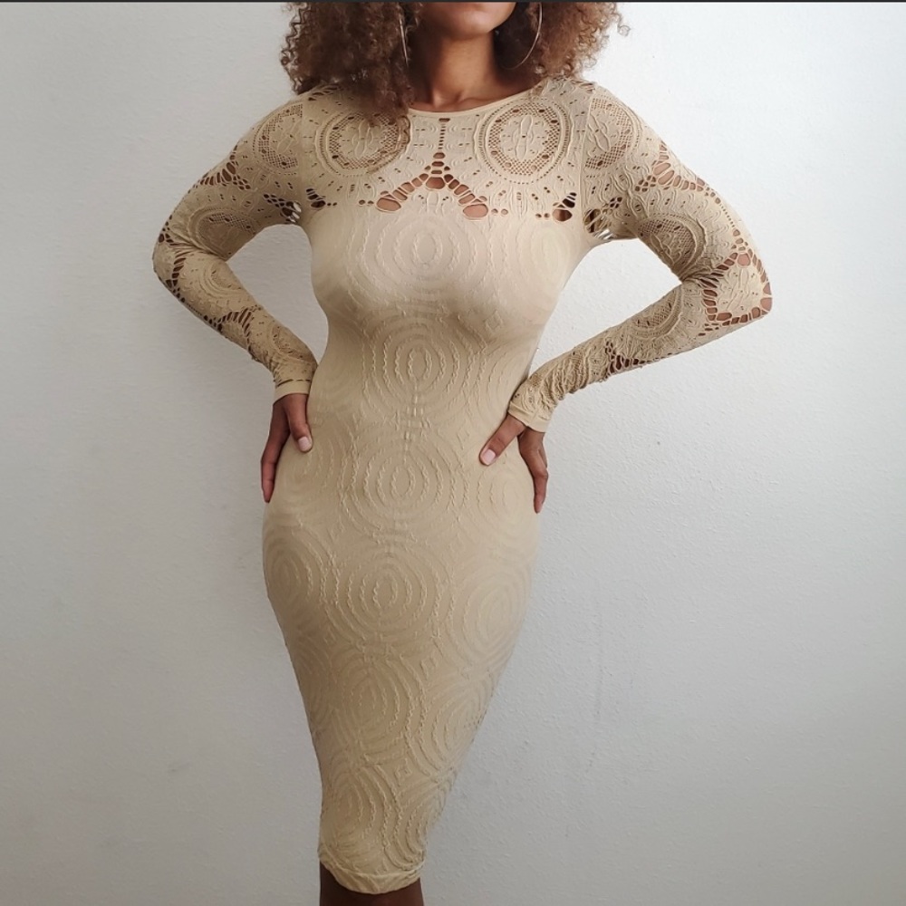 Tan Fitted Midi Dress
